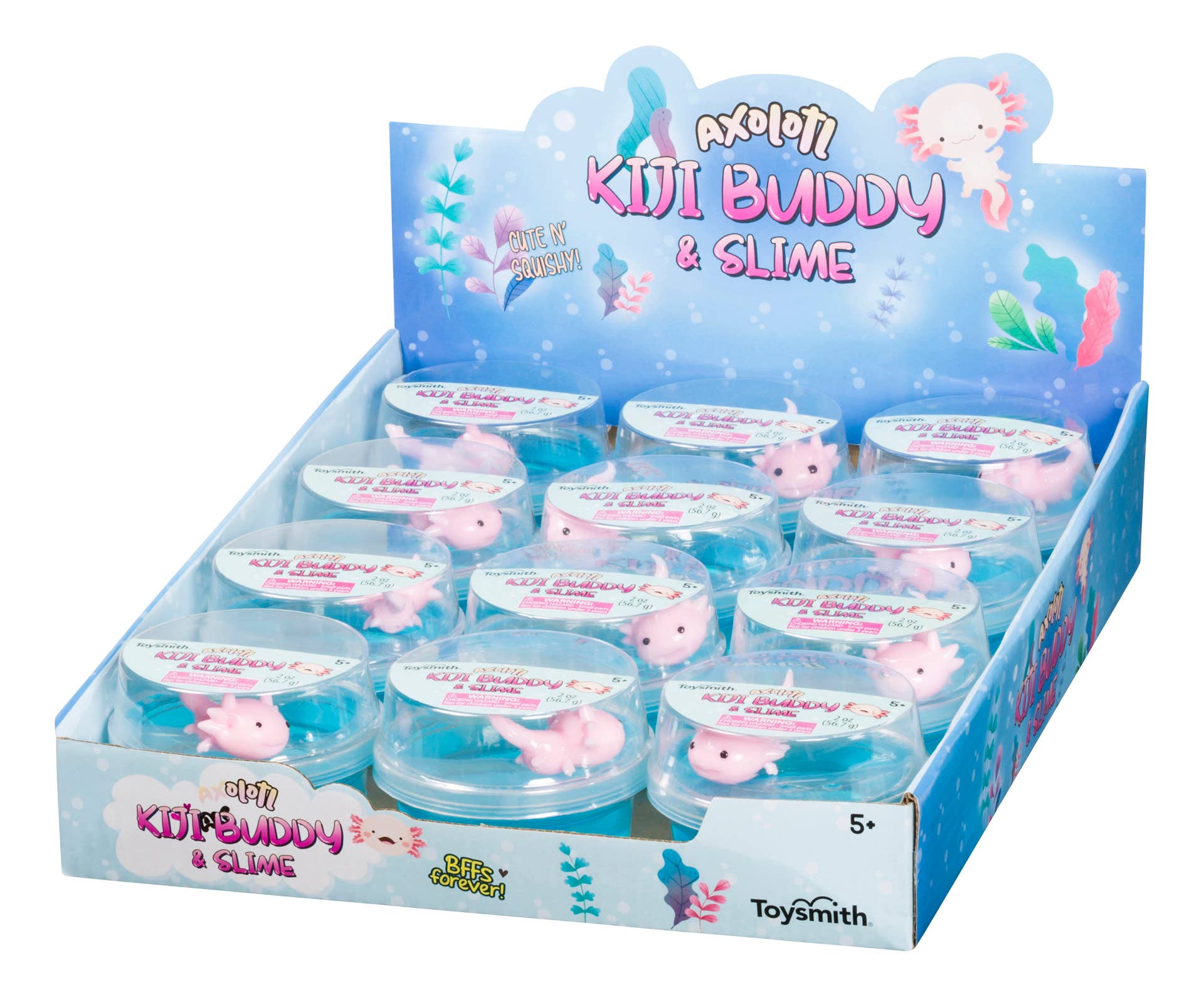 Display of "Axolotl Kiji Buddy & Slime" toys in a blue box. Each container has a cute pink axolotl in clear slime. Packaging is colorful and playful.