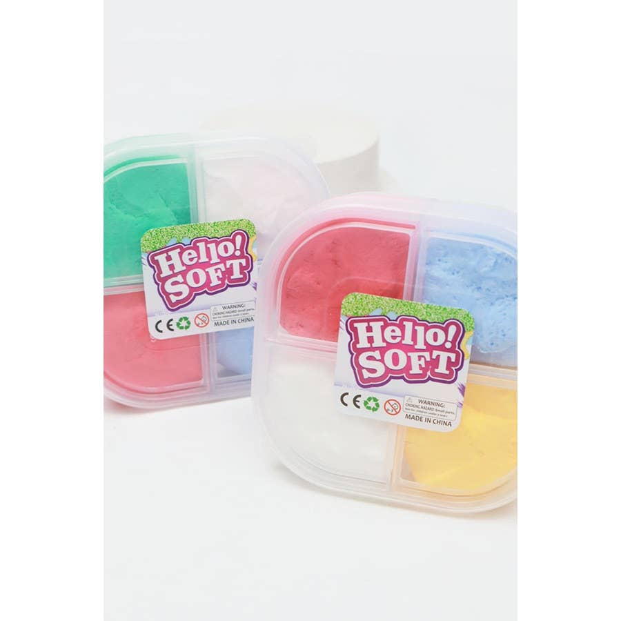 Two plastic containers labeled "Hello! Soft" hold colorful, soft clay divided into sections; hues include red, blue, green, white, and yellow.