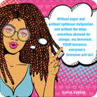 Pop art style illustration of a woman with curly hair and glasses, making a peace sign. A speech bubble quotes a feminist message on a vibrant pink background.