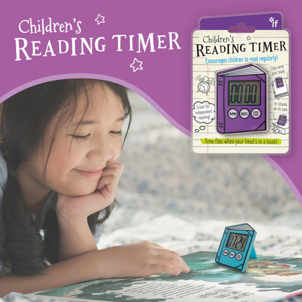 A young girl smiles while reading a book. In the foreground, a purple reading timer displays "02:14." The packaging promotes it as encouraging reading.