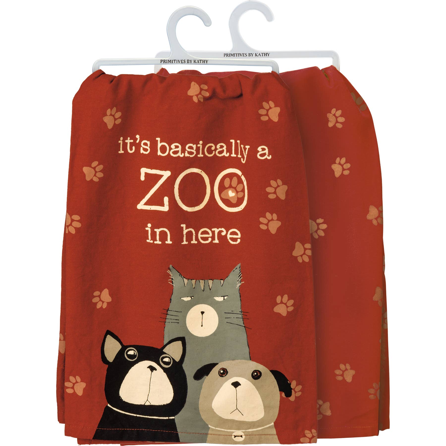 Red kitchen towel with cartoon cat and dog faces. Text reads "it's basically a ZOO in here." Paw prints pattern the background, creating a playful tone.