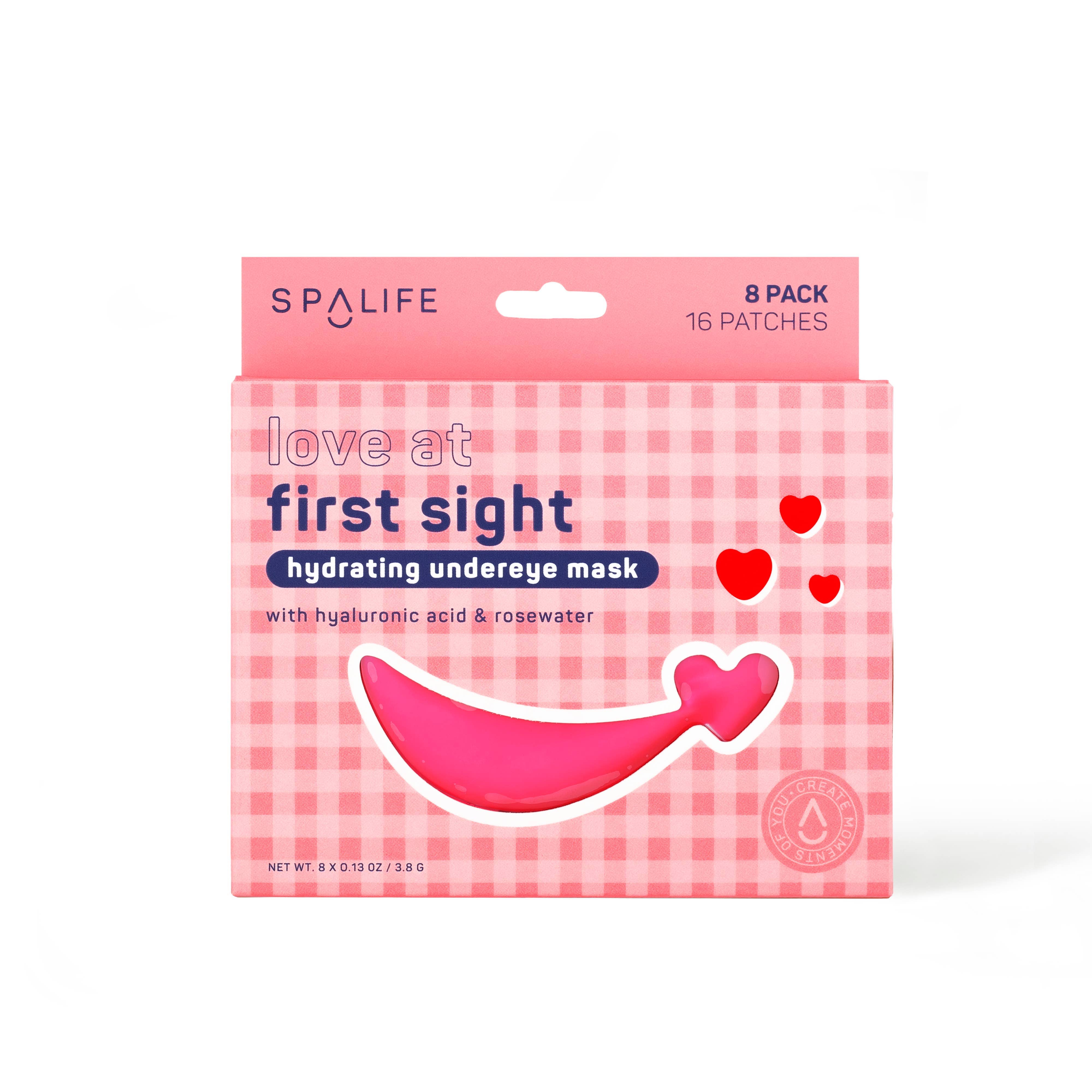 Pink packaging with a heart design for "Love at First Sight" hydrating undereye mask by SpaLife, featuring hyaluronic acid and rosewater.