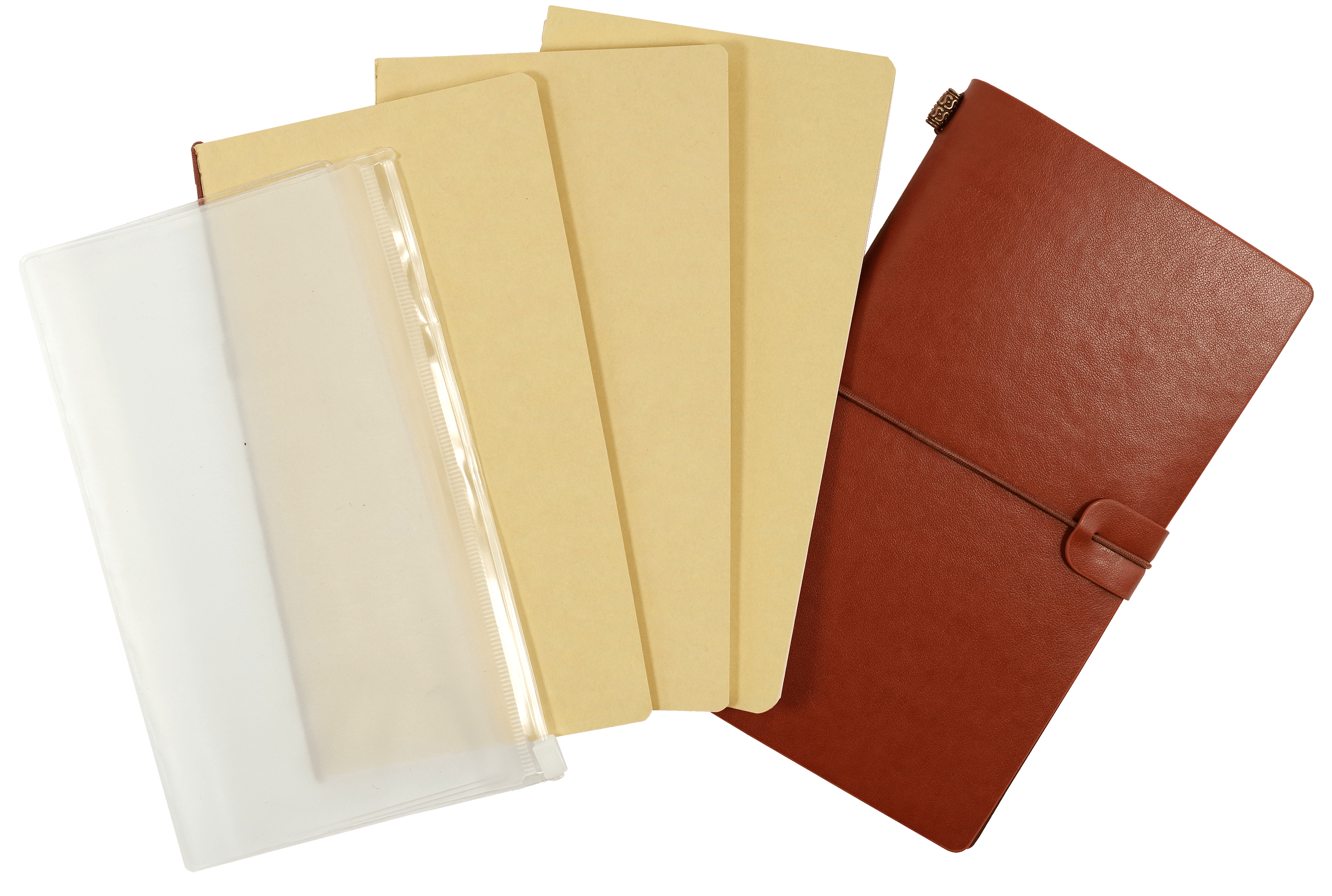 A selection of notebook dividers is displayed. From left to right: a white plastic pouch, two beige dividers, and a closed brown leather cover.