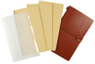 A selection of notebook dividers is displayed. From left to right: a white plastic pouch, two beige dividers, and a closed brown leather cover.