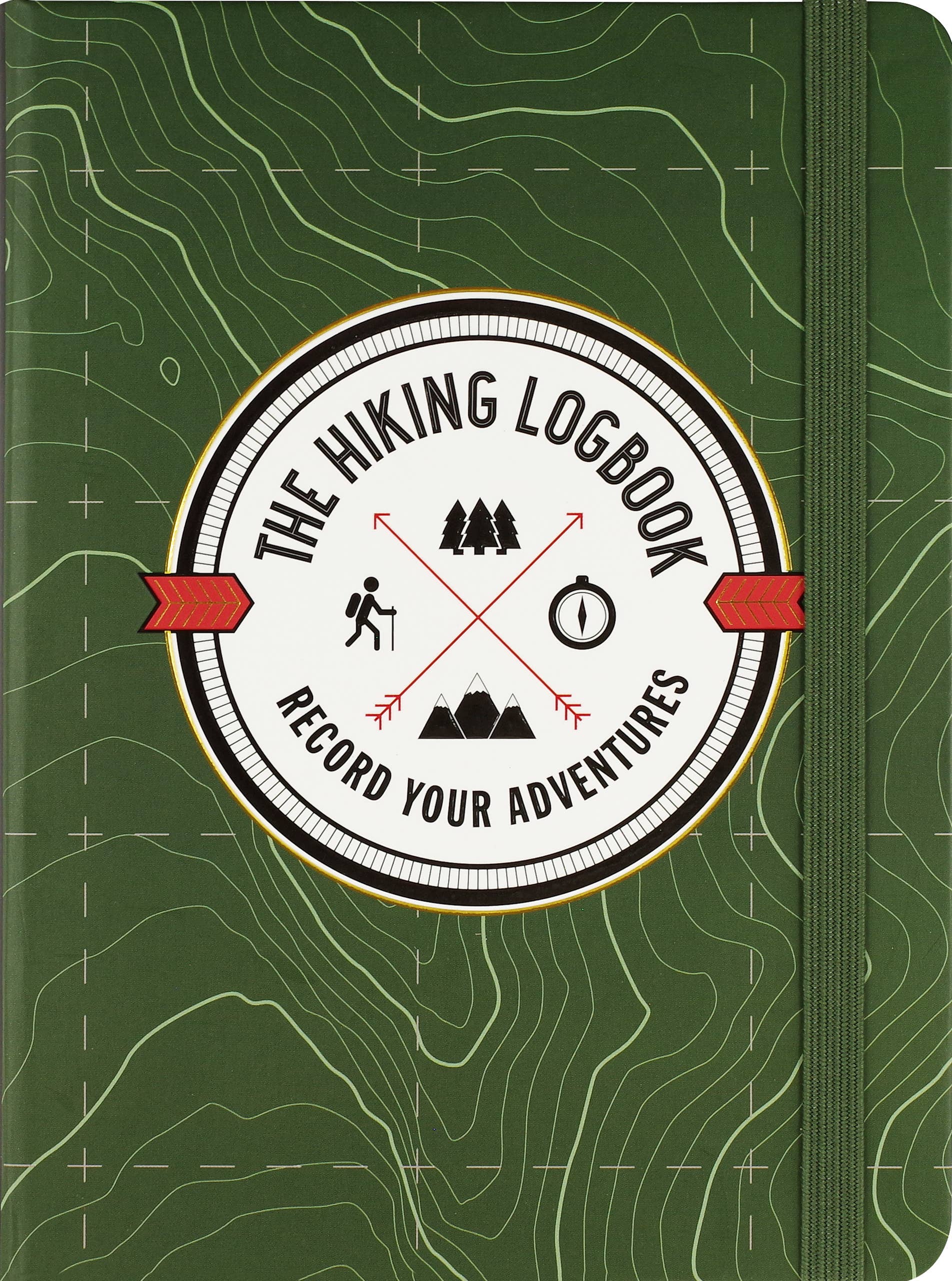Green hiking logbook cover with topographic map design. Central circular logo features hiking symbols, trees, and compass, labeled "The Hiking Logbook: Record Your Adventures."