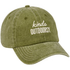 Olive green baseball cap with white stitching and text reading "kinda OUTDOORSY" in a casual font. The cap has a relaxed, laid-back vibe.