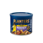 A can of Planters Deluxe Salted Mixed Nuts featuring a blue lid and label with an illustrated peanut character. Includes almonds and pistachios.