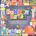 Colorful sticker book cover titled "Ransom Notes," with cut-out letters and images of flowers, fruits, and animals, creating a playful, whimsical vibe.