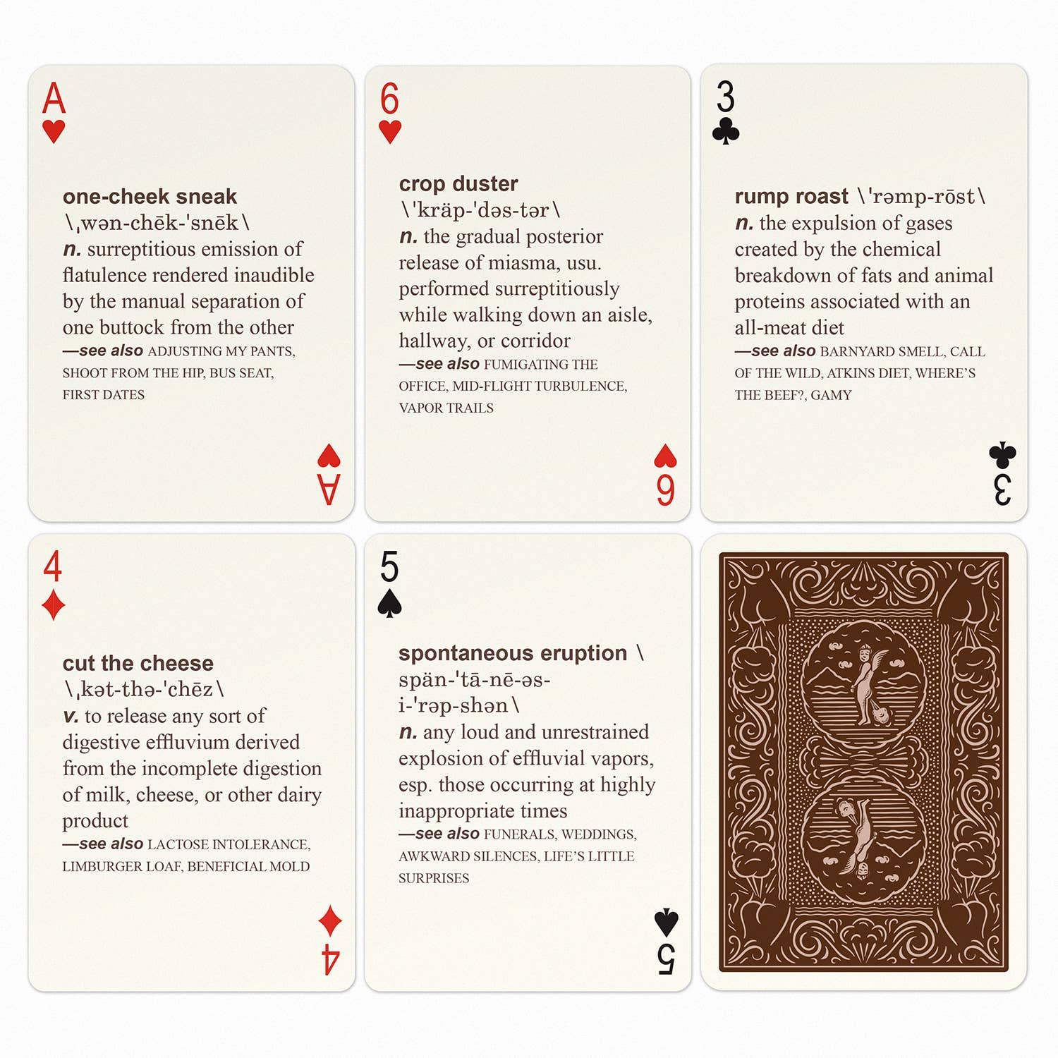 A set of playing cards features humorous definitions related to flatulence. Each card displays a term like "one-cheek sneak" with playful descriptions. The tone is light and comedic.