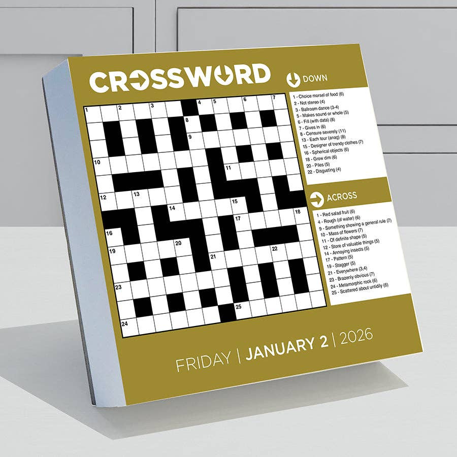 A crossword puzzle titled "Crossword" for Friday, January 2, 2026. It features an empty grid with numbered squares and clues for "Down" and "Across" alongside it.