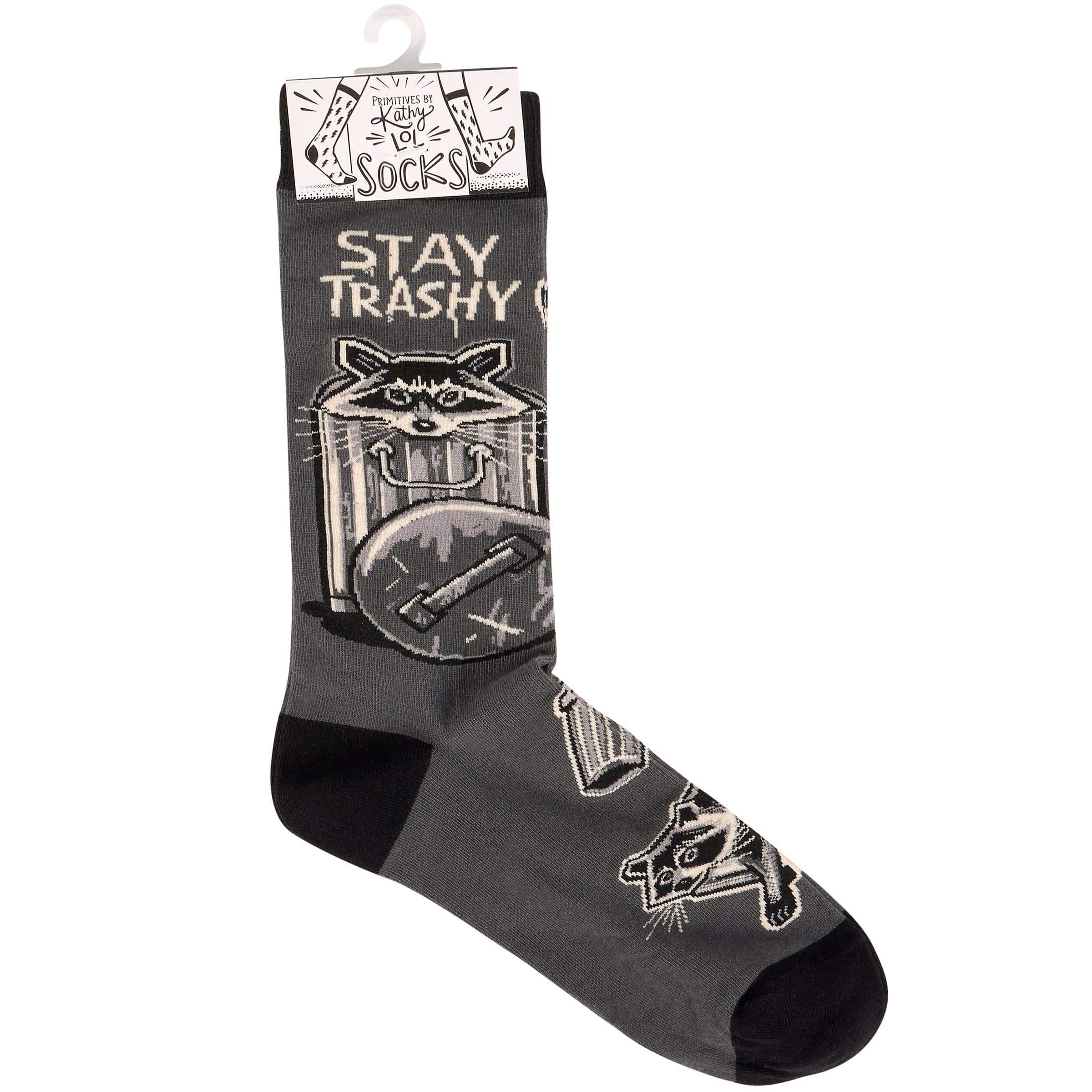 Gray sock with raccoon design and 'Stay Trashy' text on a white background