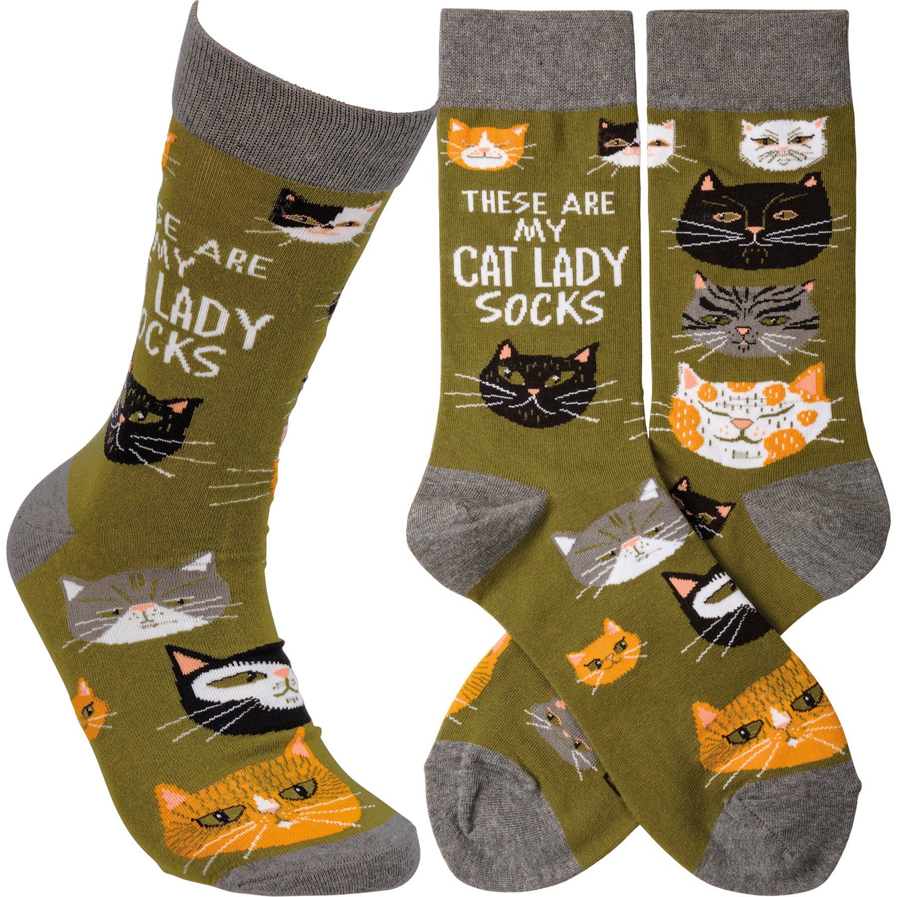 Pair of socks with cat illustrations and text on a white background