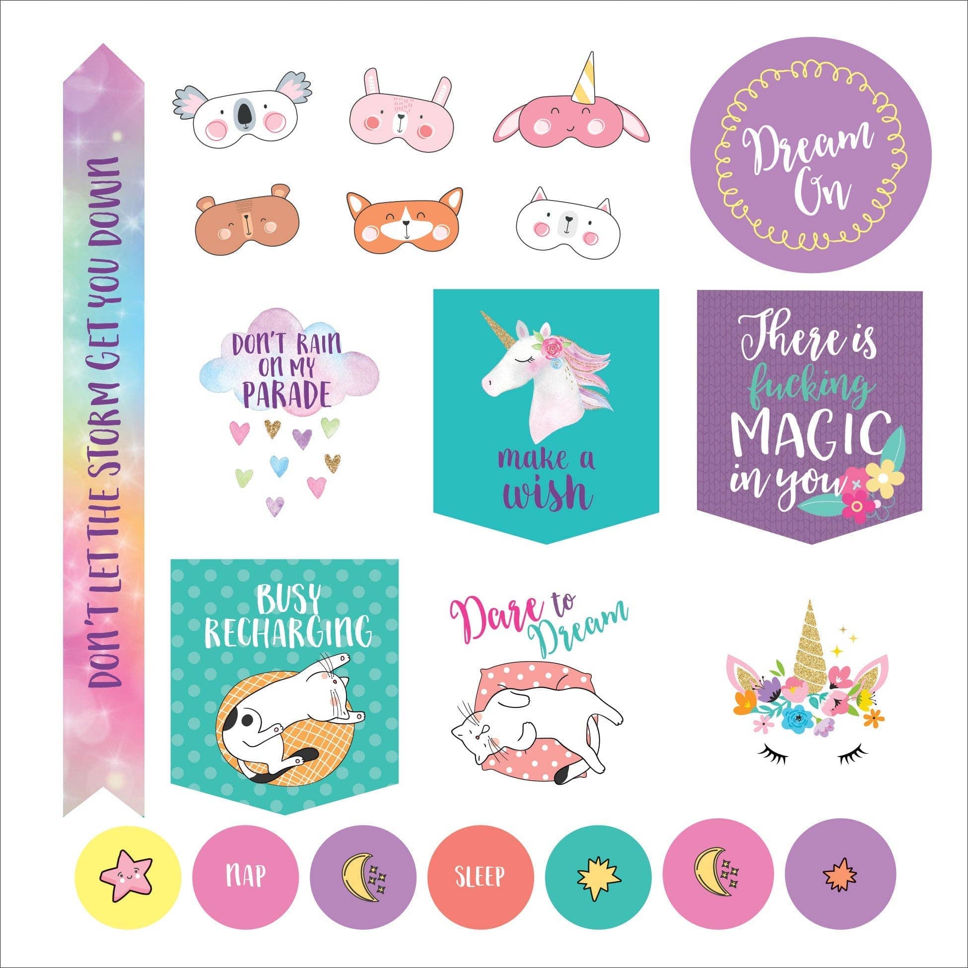 Colorful stickers featuring animals, unicorns, and motivational quotes like "Make a wish" and "Dare to Dream," with a whimsical, uplifting tone.