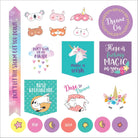 Colorful stickers featuring animals, unicorns, and motivational quotes like "Make a wish" and "Dare to Dream," with a whimsical, uplifting tone.