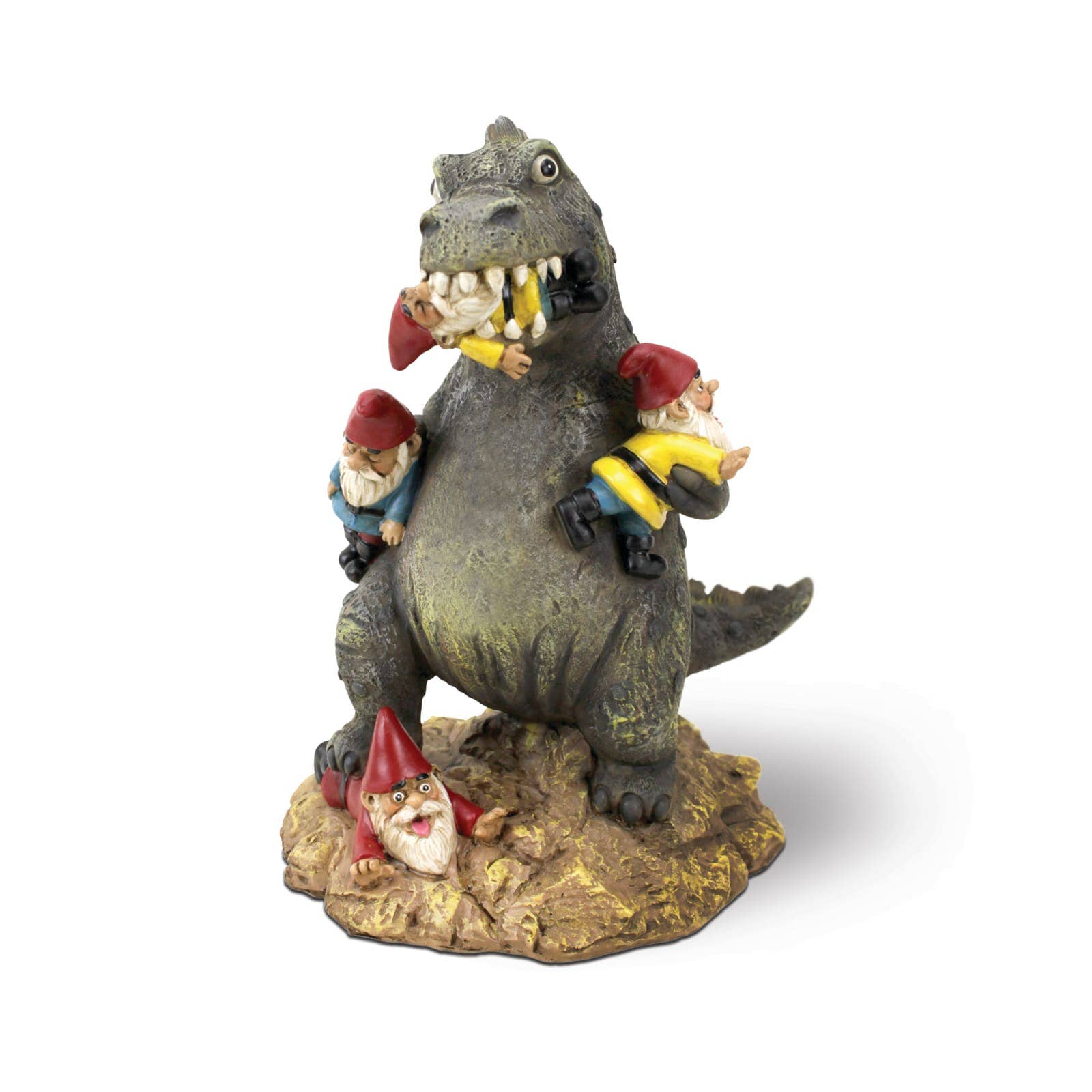 Whimsical statue of a dinosaur holding struggling garden gnomes. One is in its mouth, two cling to its body, and one looks surprised on the ground. Playful tone.