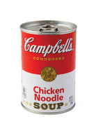 A can of Campbell's Chicken Noodle Soup with a red and white label. The words "Condensed" and "Chicken Noodle Soup" are prominently displayed.