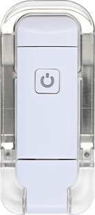 Close-up of a white plastic switch with a power symbol in the center. The edges are encased in clear plastic, giving a modern and functional look.