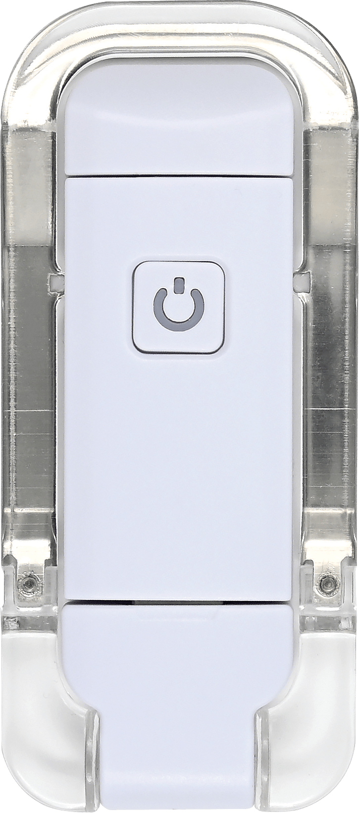 Close-up of a white plastic switch with a power symbol in the center. The edges are encased in clear plastic, giving a modern and functional look.