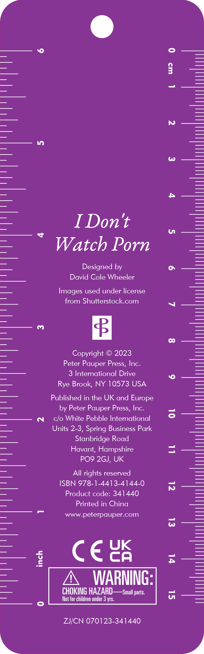A purple bookmark with a ruler along the edges, featuring the text "I Don't Watch Porn." Contains copyright details, safety warnings, and company info.