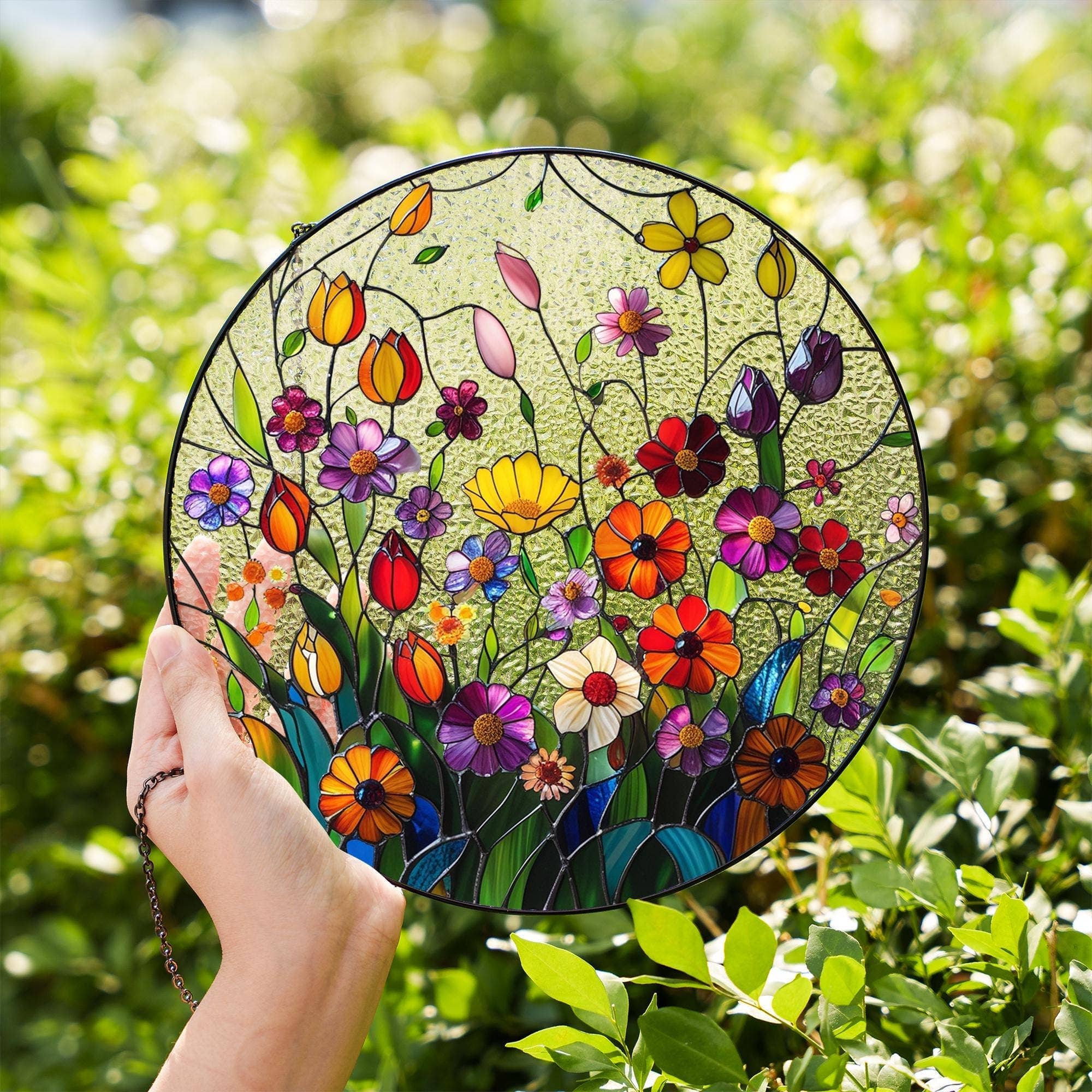 Hand holding a round stained glass panel with colorful floral design against a green foliage background