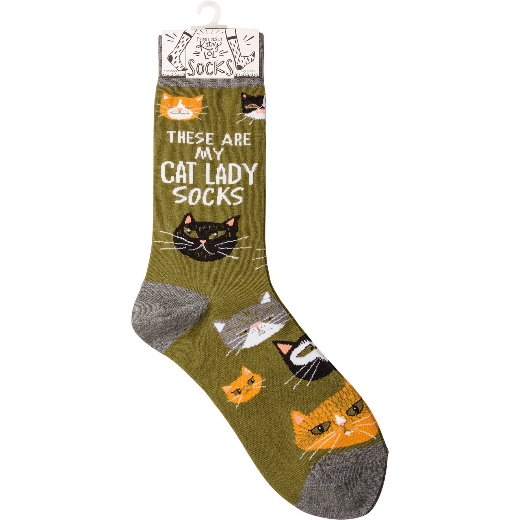 Sock with cat designs and text 'These are my cat lady socks' on a white background