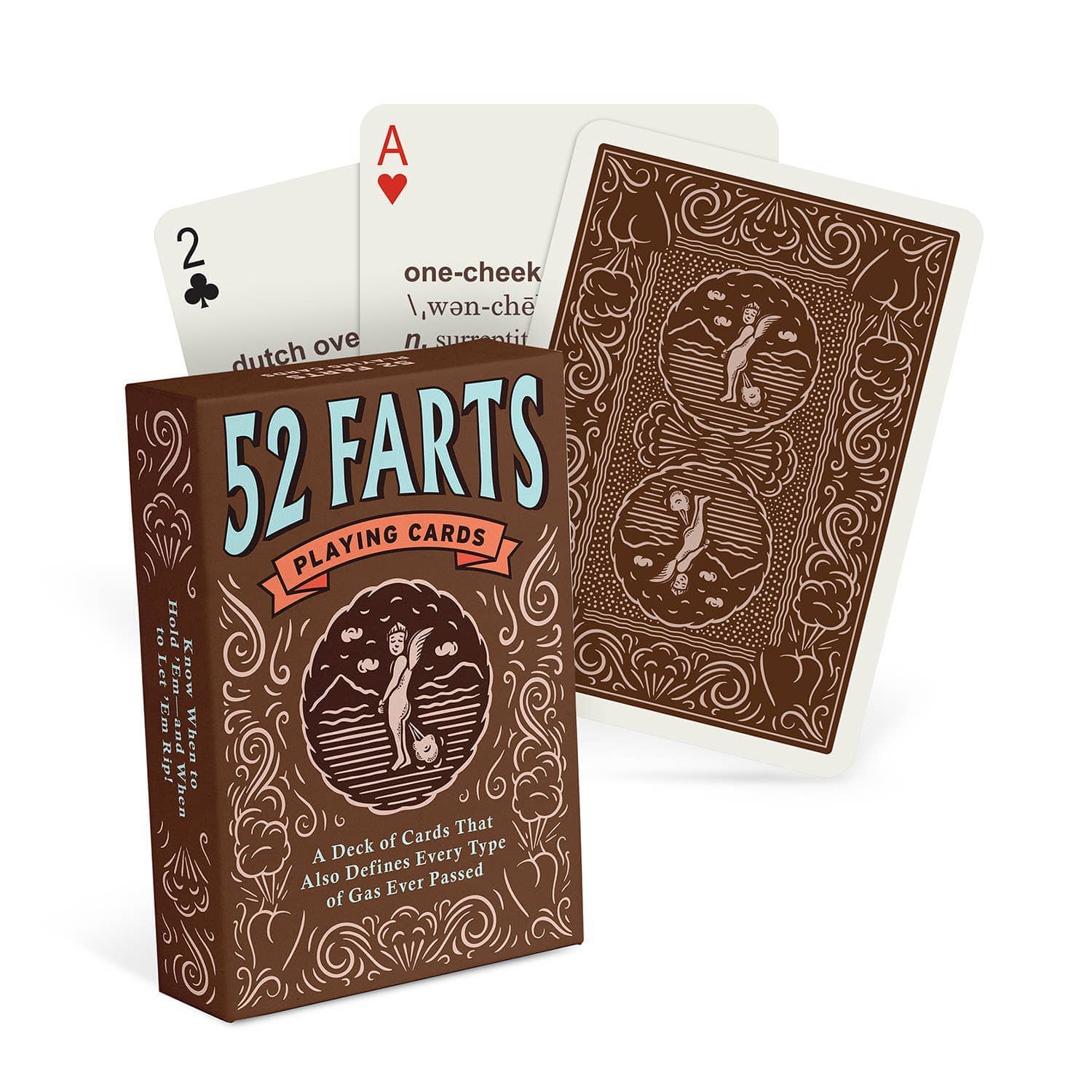 Box of novelty playing cards titled "52 Farts," with two cards fanned out, displaying humorous fart definitions. The tone is playful and lighthearted.