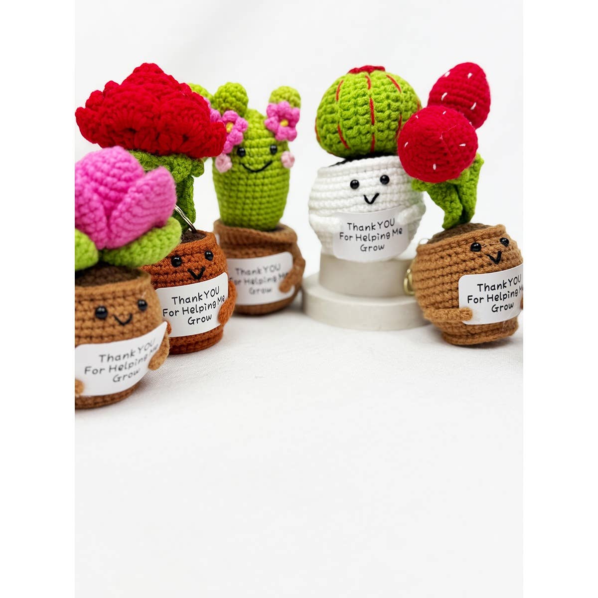 Crocheted plush plants, each in a pot with smiling faces, display labels saying, "Thank You For Helping Me Grow." The image is colorful and joyful.