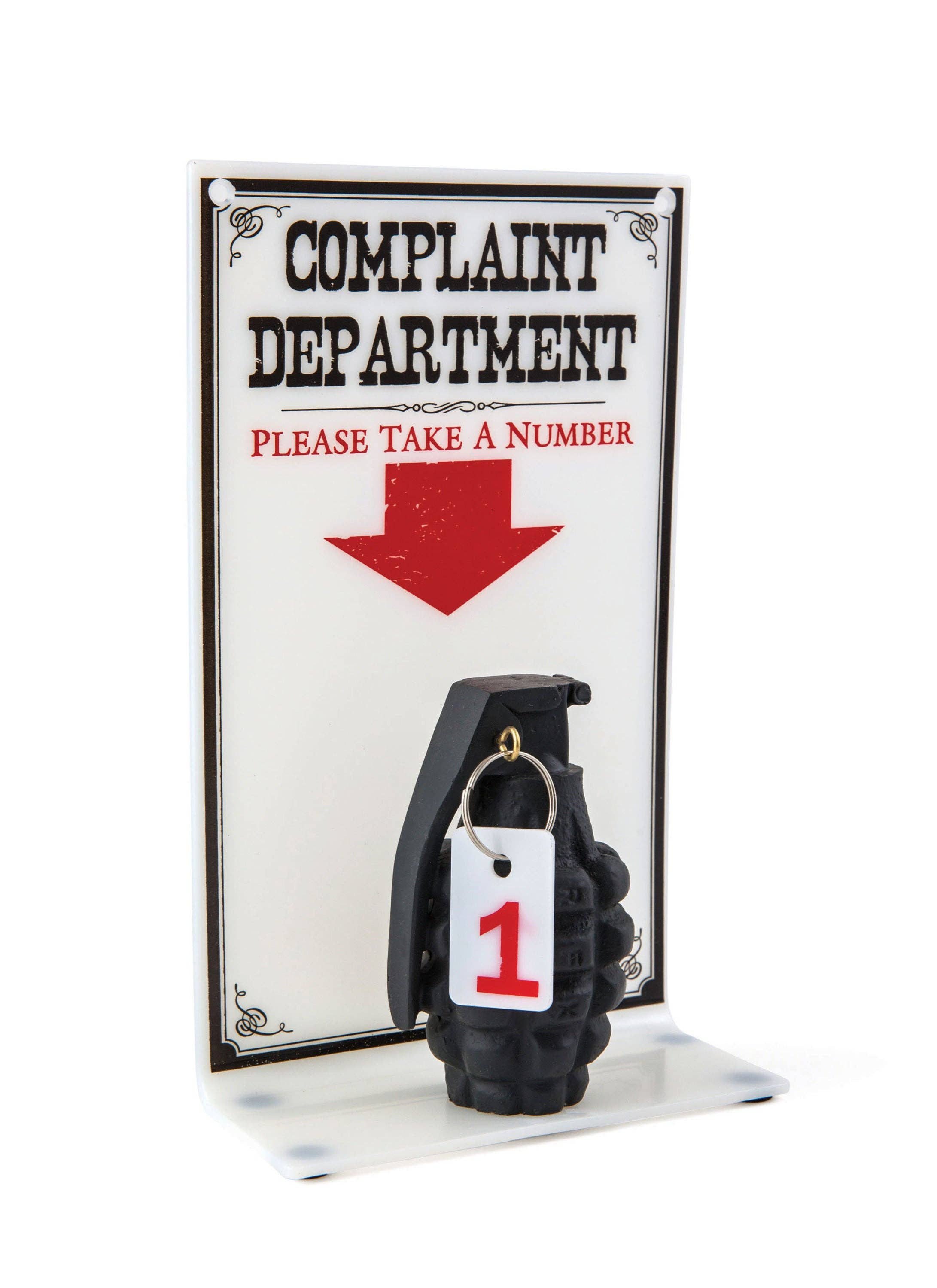"Sign reading 'Complaint Department: Please Take a Number' with an arrow pointing to a hanging grenade labeled with a number 1 tag, conveying humor and sarcasm."