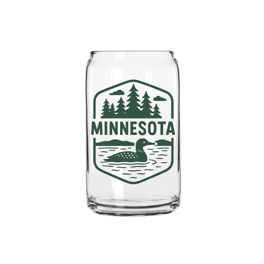 Clear glass shaped like a soda can, featuring a green graphic of a loon on water, pine trees, and the word "Minnesota." It conveys a serene, outdoorsy vibe.