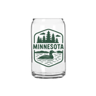 Clear glass shaped like a soda can, featuring a green graphic of a loon on water, pine trees, and the word "Minnesota." It conveys a serene, outdoorsy vibe.