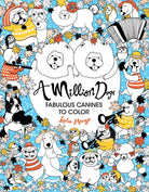 Colorful book cover with whimsical dogs, including poodles and a bulldog, surrounded by autumn leaves and owls against a blue background. Text reads "A Million Dogs: Fabulous Canines to Color" by Lulu Mayo. Playful and cheerful tone.