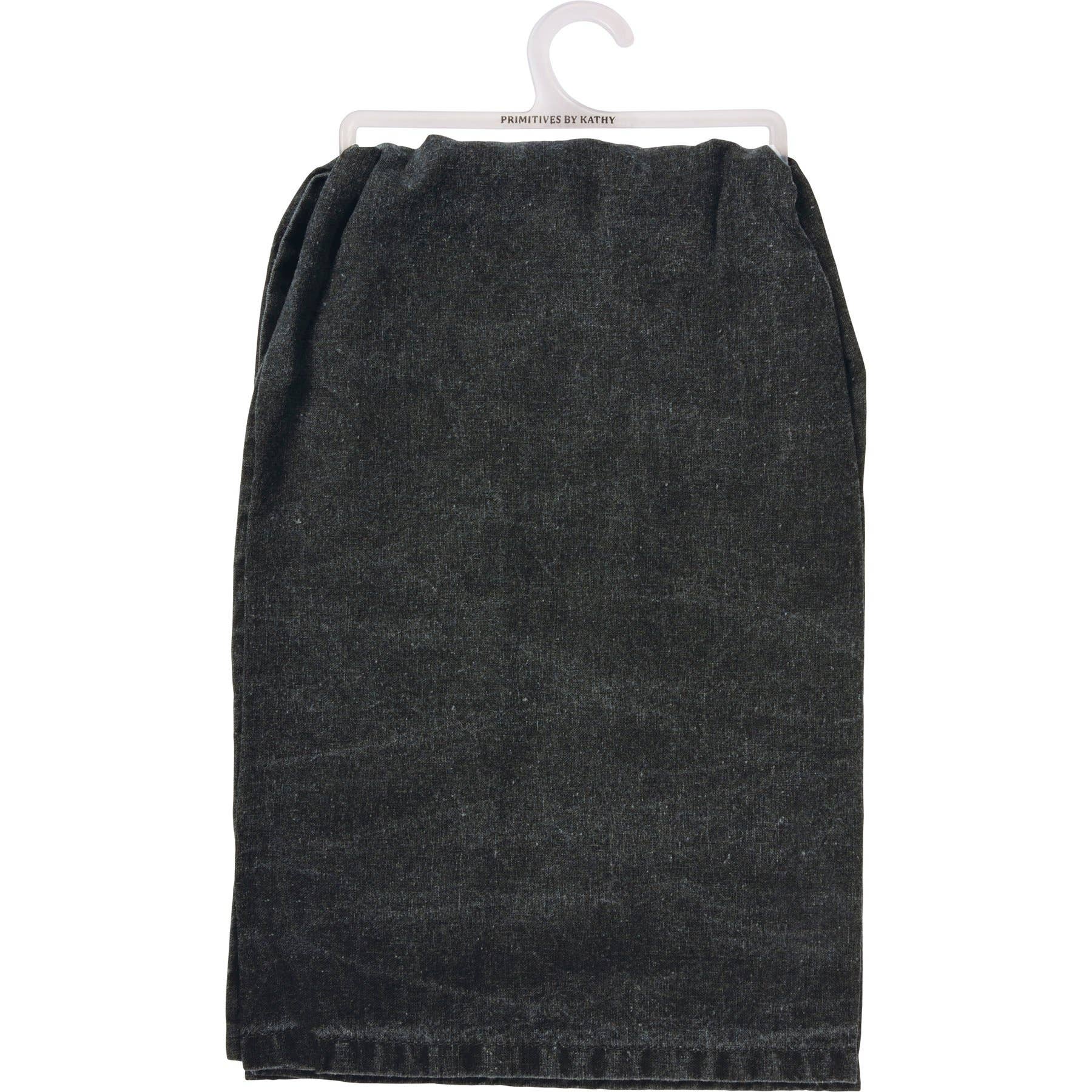 A dark gray, textured towel hangs neatly from a white hanger against a plain backdrop. The towel appears soft and is uniformly draped.