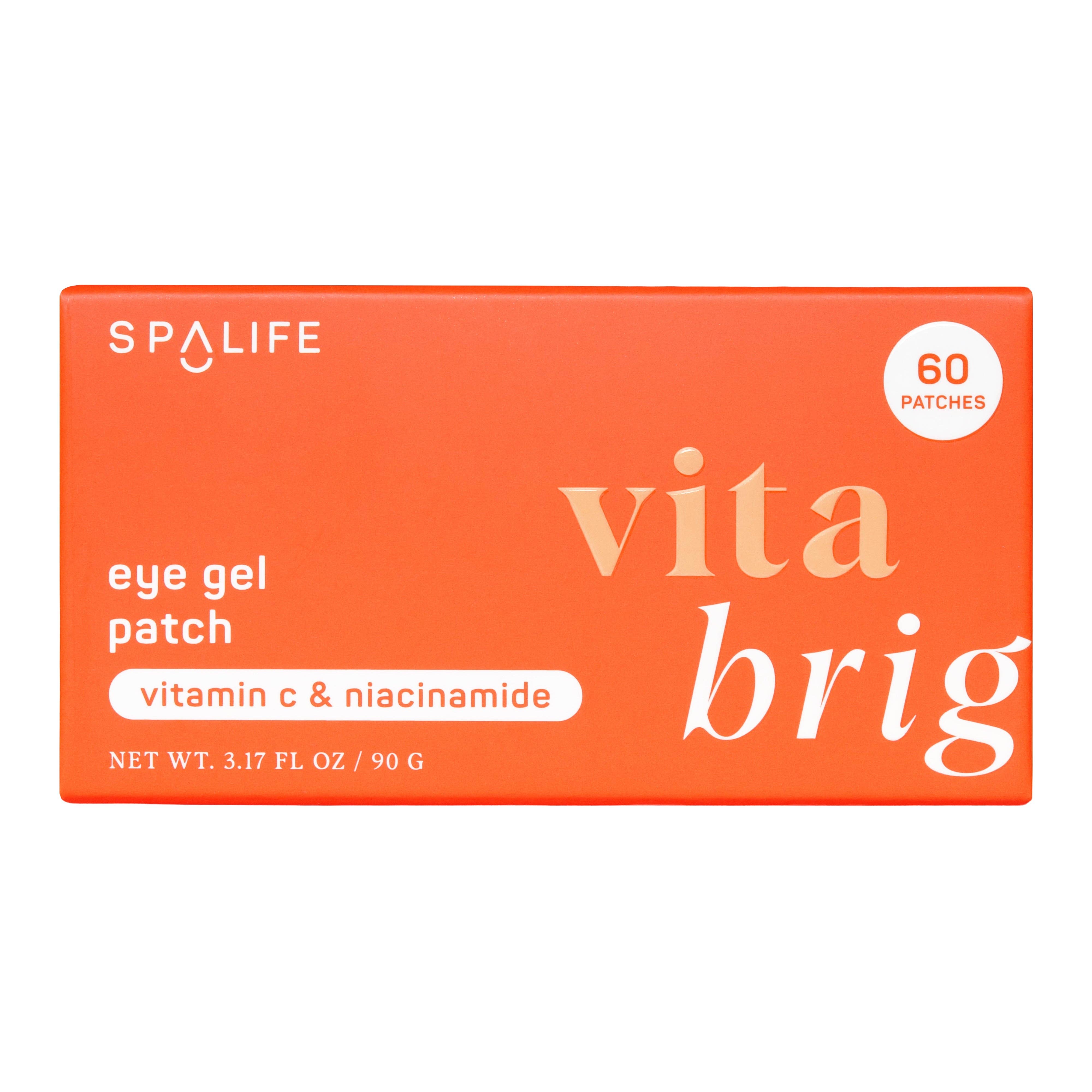 Orange box labeled "SPALIFE eye gel patch" features text "vitamin C & niacinamide"; contains 60 patches. Simple, wellness-focused design.