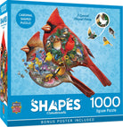 Product box for a 1000-piece 'Shapes' jigsaw puzzle by MasterPieces featuring a vibrant illustration of two red cardinals. The puzzle itself is uniquely shaped like the birds and includes colorful flowers and smaller songbirds in the design. The box indicates a bonus poster is included.