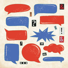 Red and blue speech bubbles and symbols, including exclamation and ampersand, on a textured beige background. The tone is dynamic and playful.