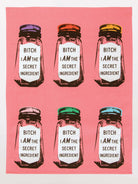 Six small bottles with colorful lids and labels on a pink background