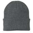 Dark gray knit beanie on a white background