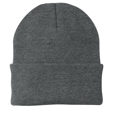 Dark gray knit beanie on a white background