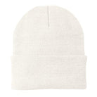 A cream-colored ribbed knit beanie hat with a folded cuff, shown against a plain white background.