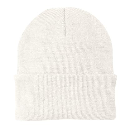 A cream-colored ribbed knit beanie hat with a folded cuff, shown against a plain white background.