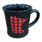 Black mug with red and black buffalo plaid Minnesota-shaped 