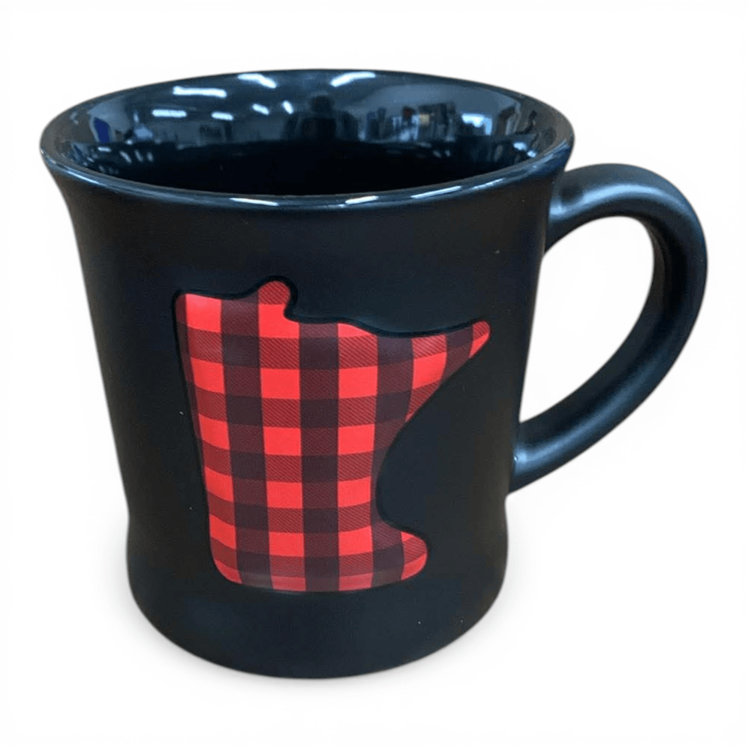 Black mug with red and black buffalo plaid Minnesota-shaped 