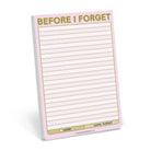 Notebook page with a pink border titled "BEFORE I FORGET," featuring lined sections for notes. Checkboxes at the bottom labeled "DONE" and "OOPS, FORGOT."