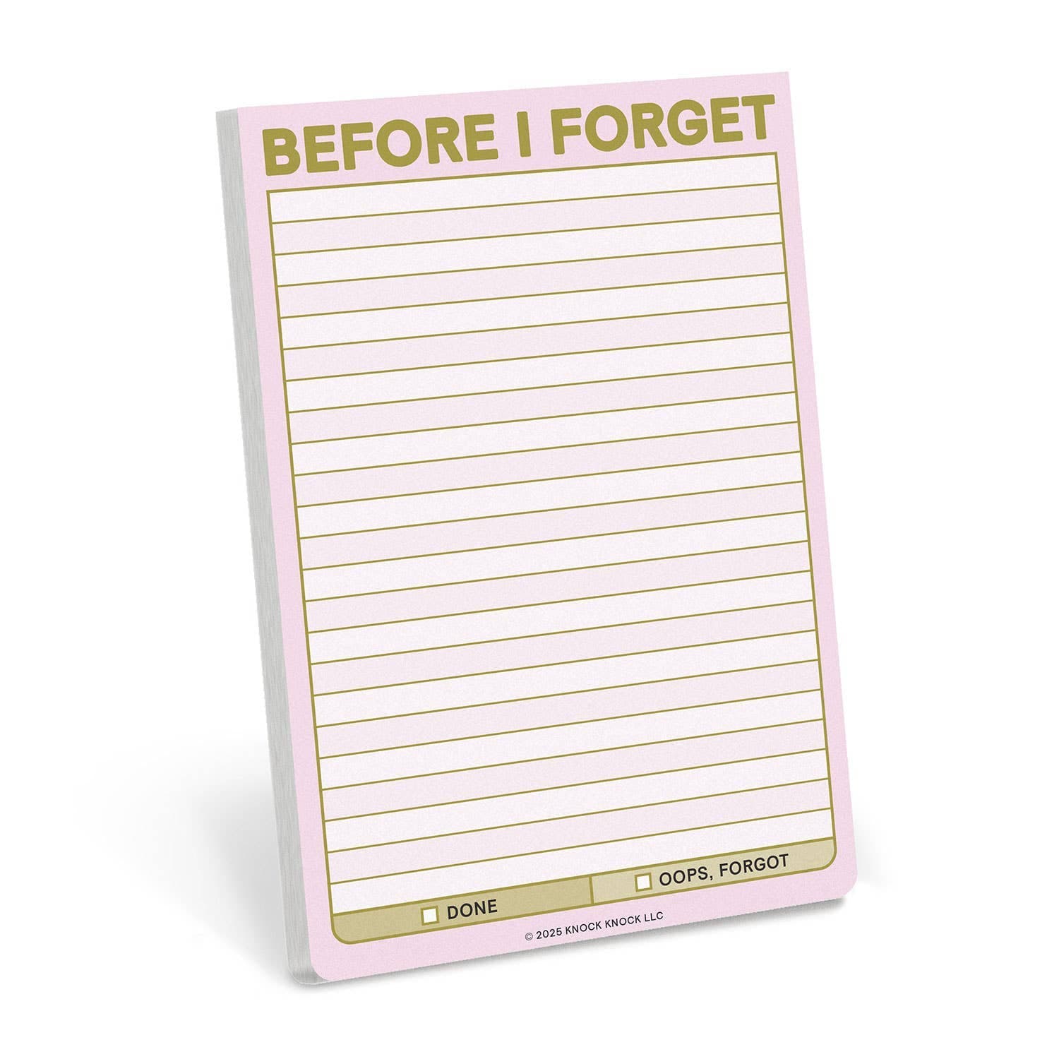 Notebook page with a pink border titled "BEFORE I FORGET," featuring lined sections for notes. Checkboxes at the bottom labeled "DONE" and "OOPS, FORGOT."
