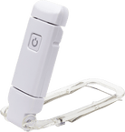 A white, compact folding fan with a transparent handle and power button, set against a transparent background. The design is minimalistic and modern.