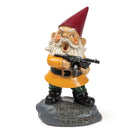 A garden gnome with a red hat and orange coat holds a toy gun, standing on a rock base with the text "Say hello to my little friend," displaying a humorous, fierce expression.