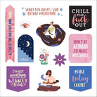 A collage of motivational stickers, with quotes like "Chill out," "Make today count," and "Sorry for what I said before meditating." Art includes figures meditating, flowers, and cosmic elements, conveying a calm and inspiring tone.
