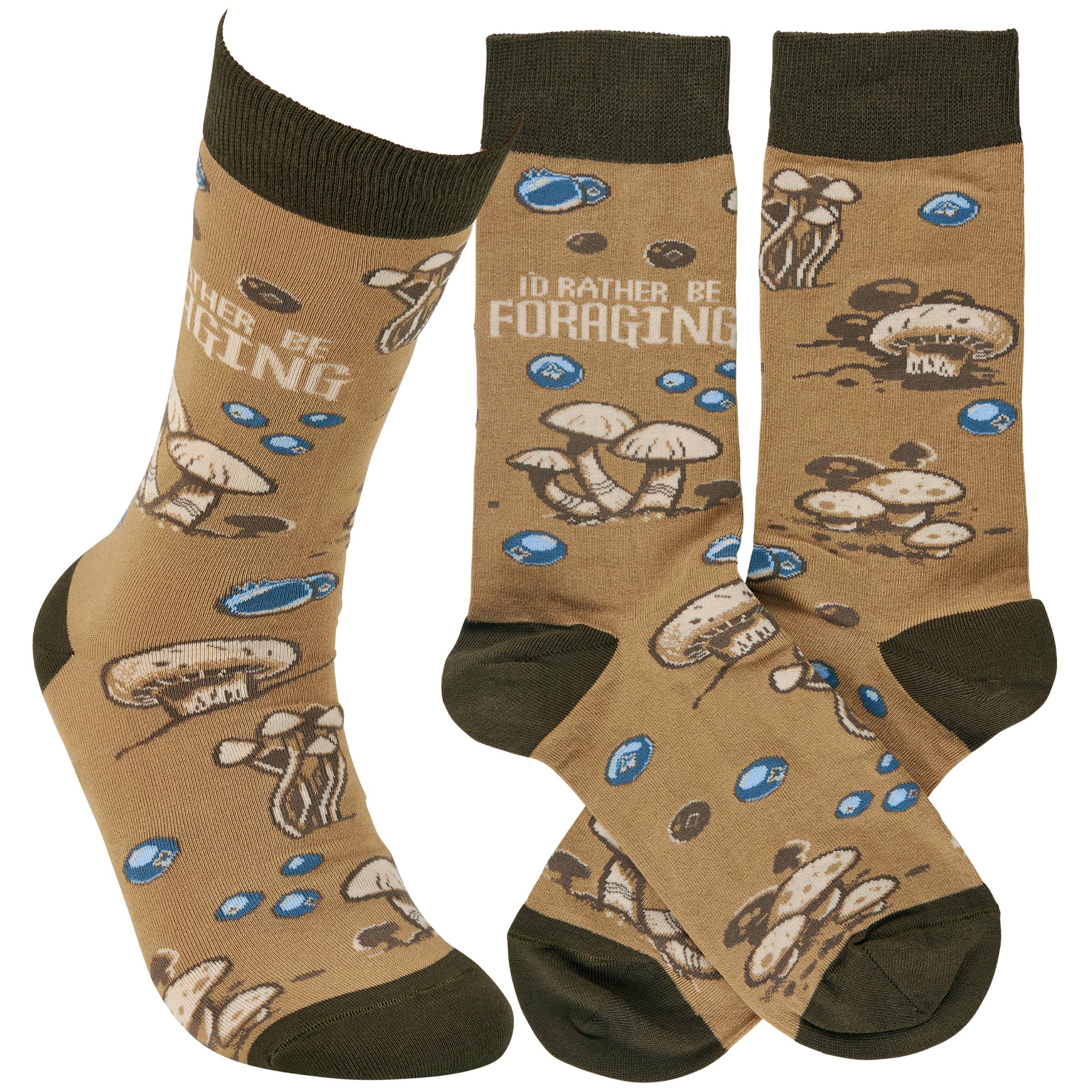 Brown socks with dark green cuffs and toes feature mushroom illustrations and blue dots. Text reads "I'd rather be foraging," conveying a nature-loving vibe.