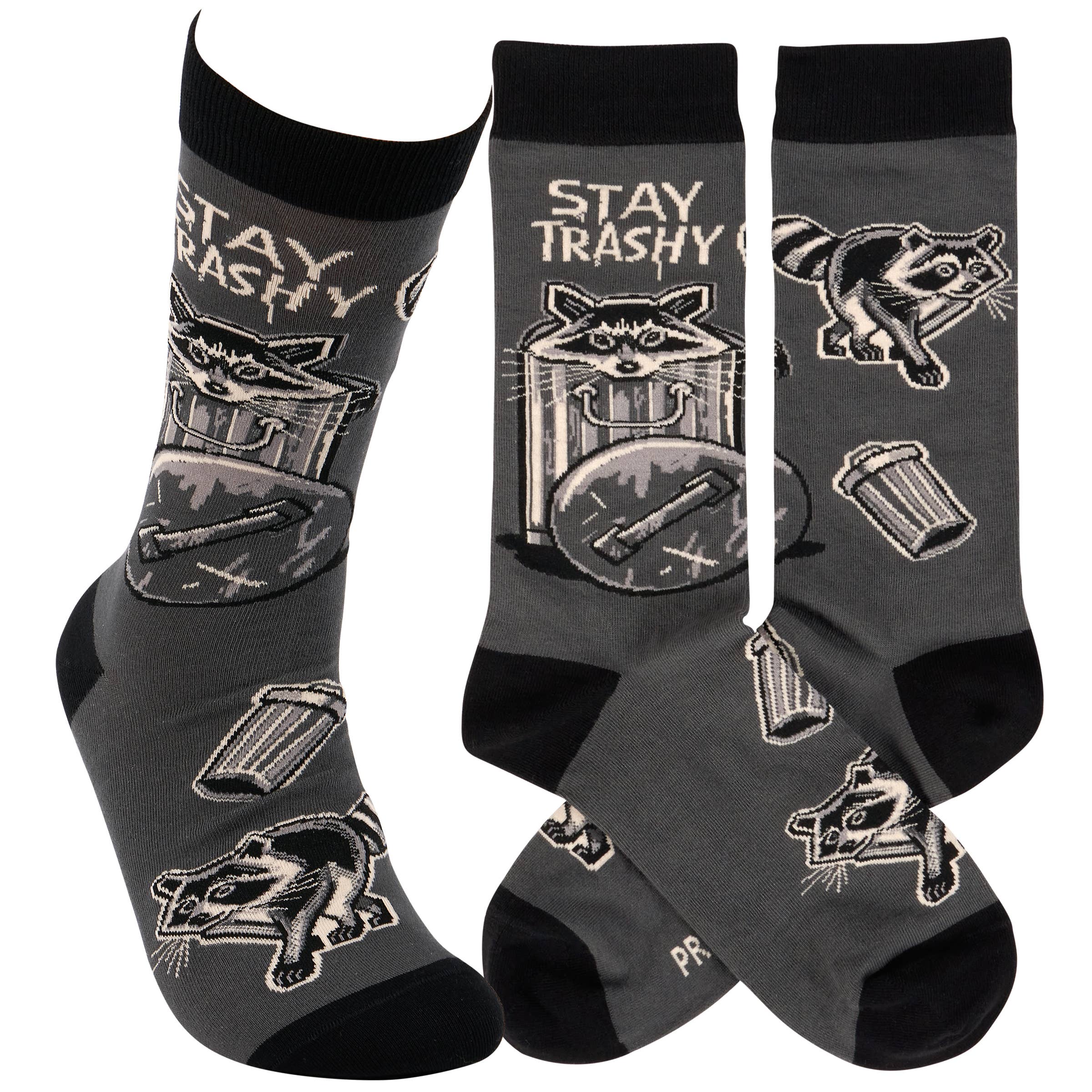 Gray socks with raccoon and trash can designs and 'Stay Trashy' text on a white background