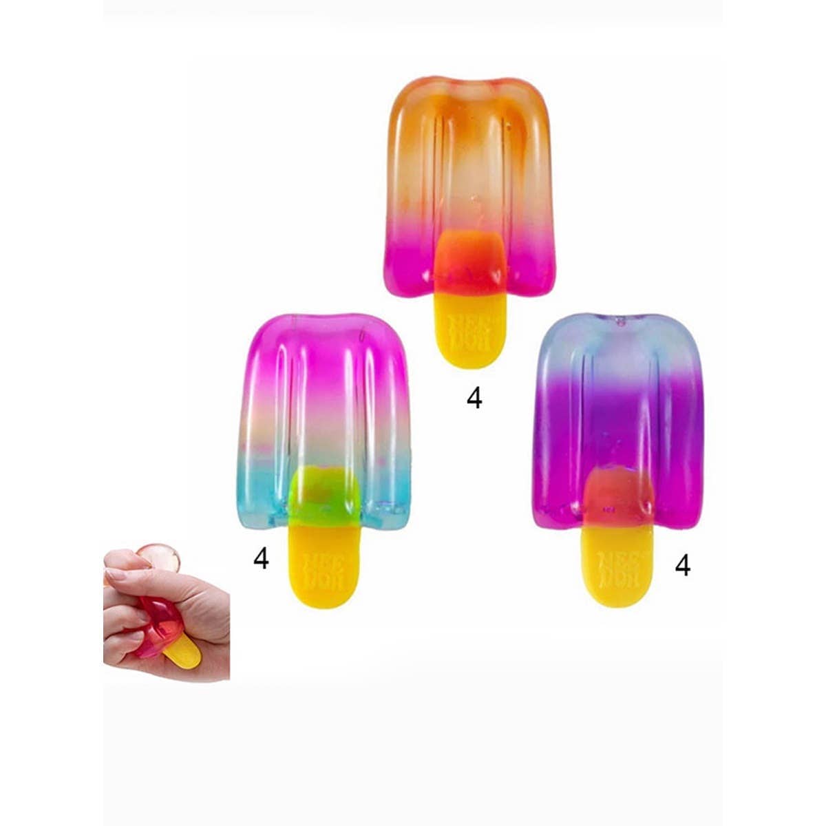 Three translucent, popsicle-shaped squeeze squishy toys in gradient colors (orange/pink, blue/purple, and yellow/purple) with a small inset image demonstrating the product being squeezed in a hand.